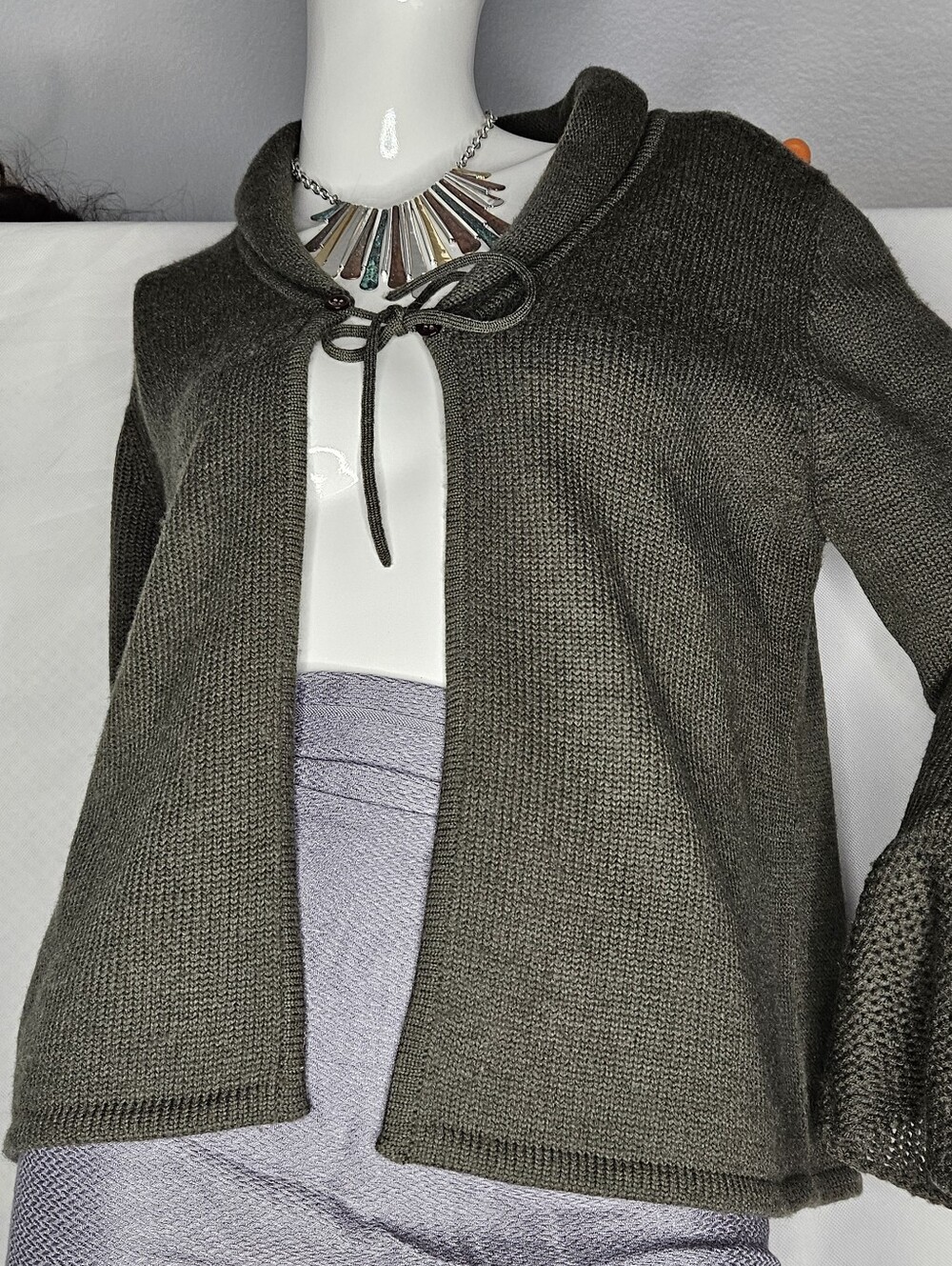 Marina Luna 100% Marino Wool Cardigan Shawl Collar Olive Green Size M